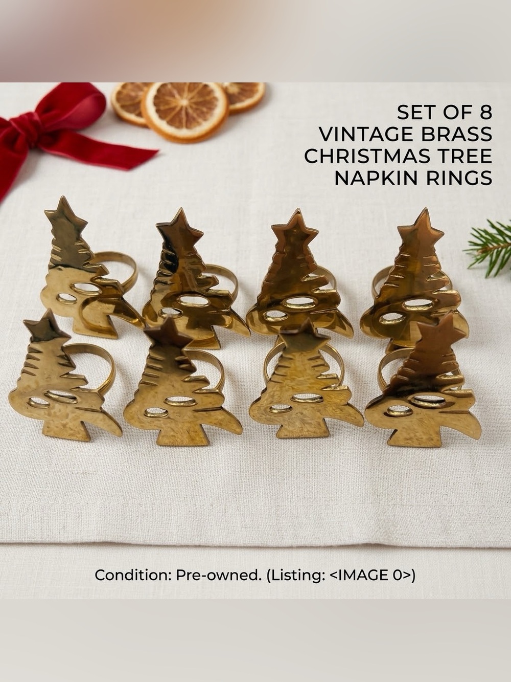 Brass tree napkin rings set of eight (8) Christmas Holiday Decor